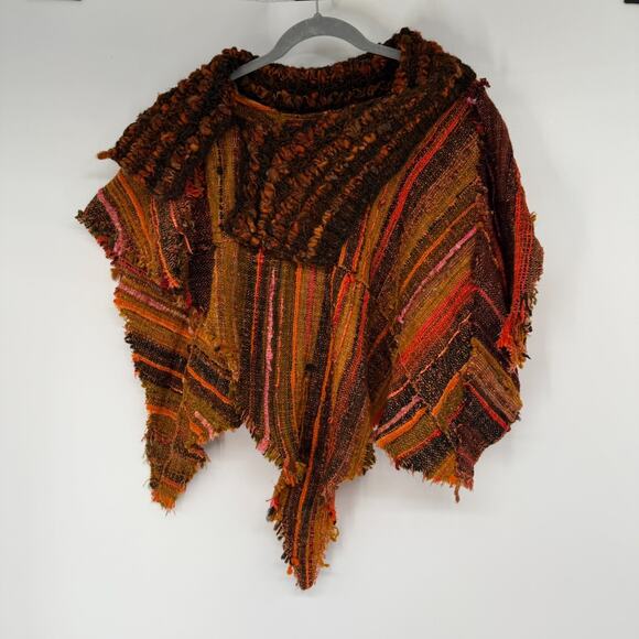 Woven Dream Designs Wool Poncho Shawl Women OS Orange Brown Striped Textured USA - Picture 1 of 6